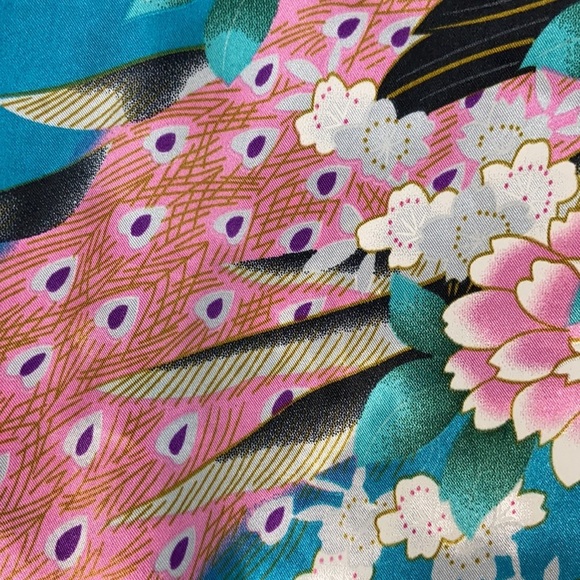 Zhong Sang 100% Satin Silky Kimono Duster Robe Open Front Floral Peacock Design - Picture 13 of 14